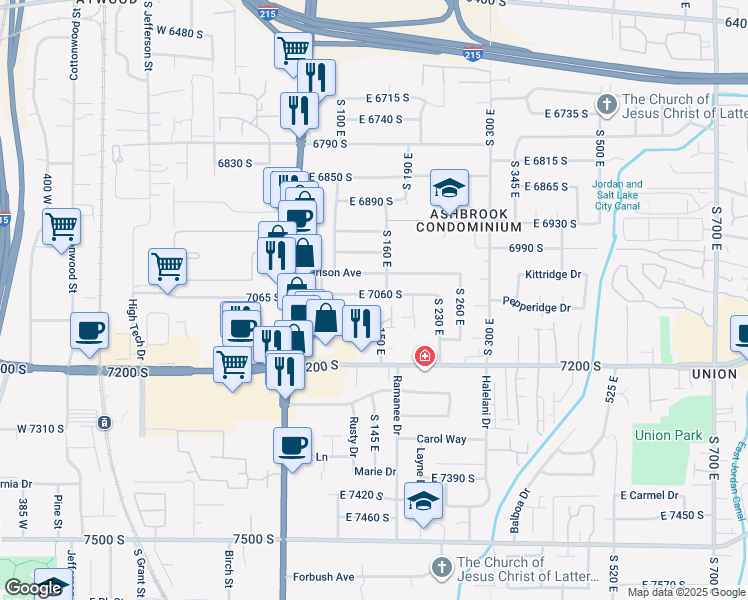 map of restaurants, bars, coffee shops, grocery stores, and more near 150 East 7060 South in Midvale