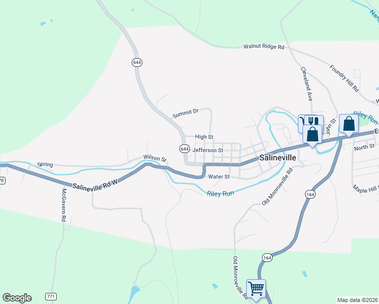 map of restaurants, bars, coffee shops, grocery stores, and more near 611 Jefferson Street in Salineville