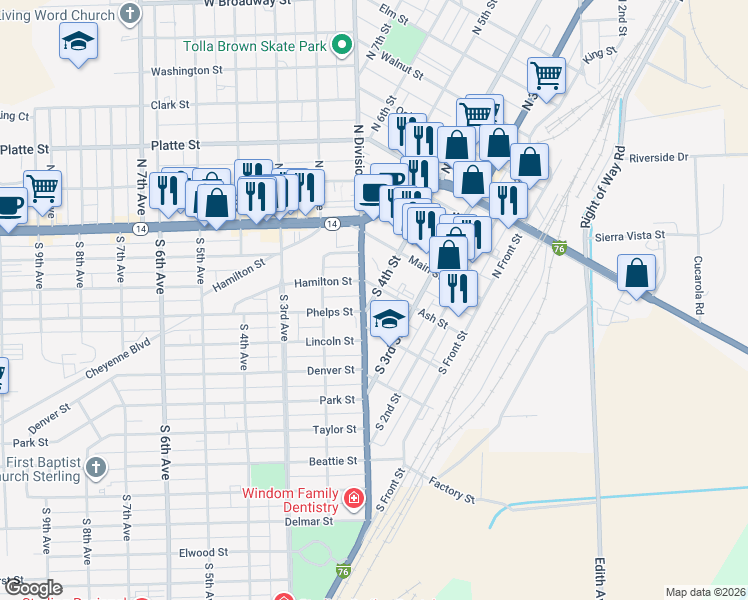 map of restaurants, bars, coffee shops, grocery stores, and more near 207 South 4th Street in Sterling