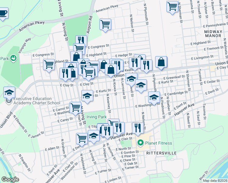 map of restaurants, bars, coffee shops, grocery stores, and more near 1131 East Cedar Street in Allentown