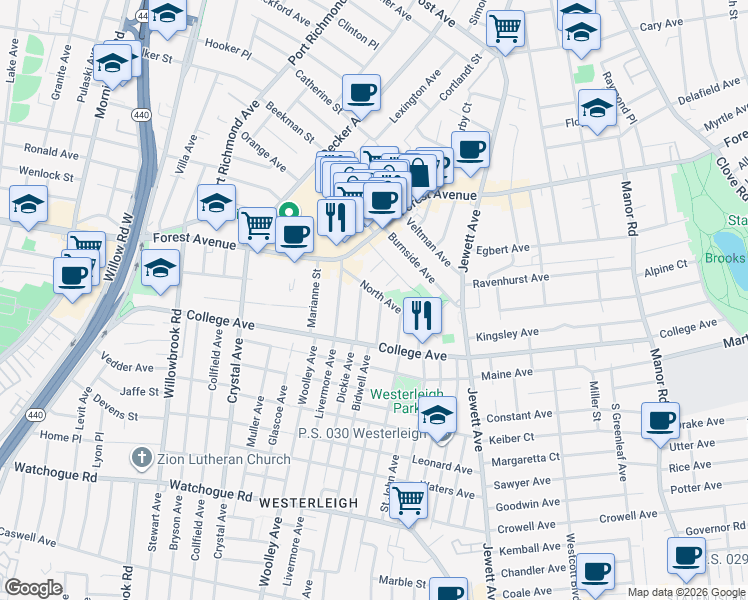 map of restaurants, bars, coffee shops, grocery stores, and more near 4 Bidwell Avenue in Staten Island