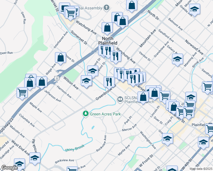 map of restaurants, bars, coffee shops, grocery stores, and more near 240 Grove Street in North Plainfield