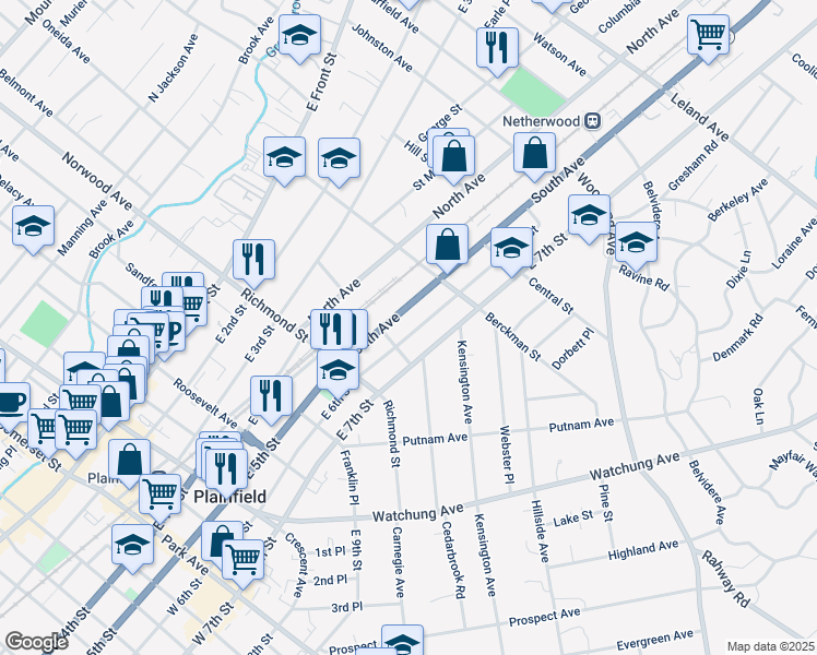 map of restaurants, bars, coffee shops, grocery stores, and more near 619 East 6th Street in Plainfield