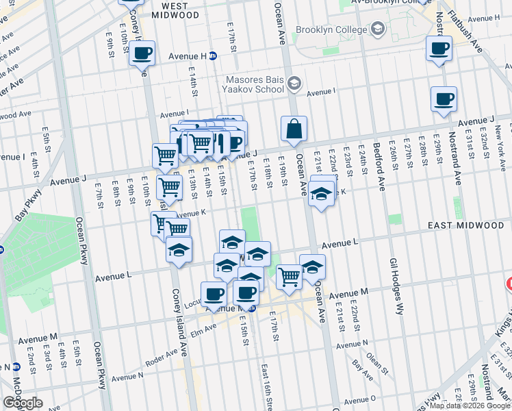 map of restaurants, bars, coffee shops, grocery stores, and more near 1124 East 17th Street in Brooklyn