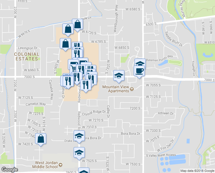 map of restaurants, bars, coffee shops, grocery stores, and more near 1523 South 1520 West in West Jordan