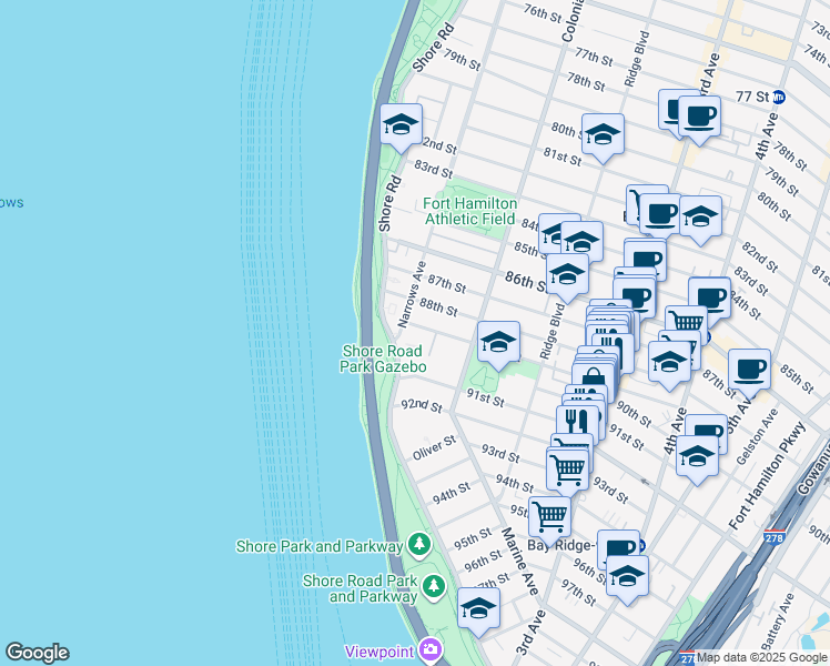 map of restaurants, bars, coffee shops, grocery stores, and more near 8901 Narrows Avenue in Brooklyn