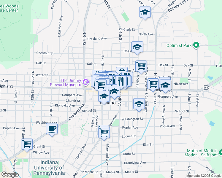 map of restaurants, bars, coffee shops, grocery stores, and more near 2 North Carpenter Avenue in Indiana