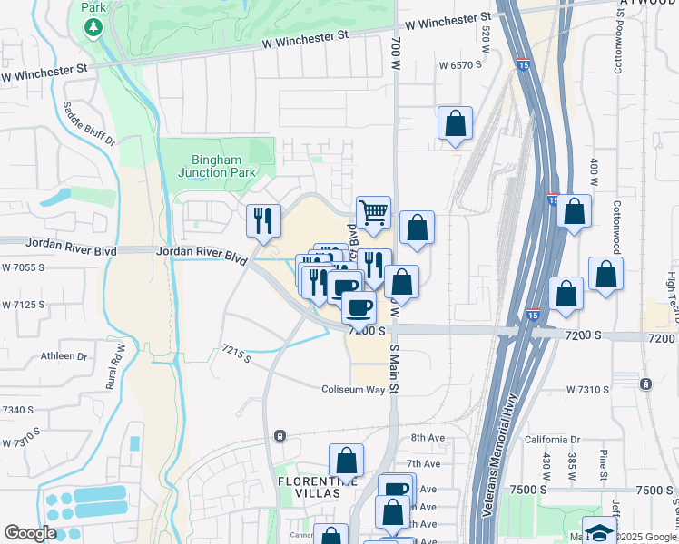 map of restaurants, bars, coffee shops, grocery stores, and more near 7205 Bingham Junction Boulevard in Midvale