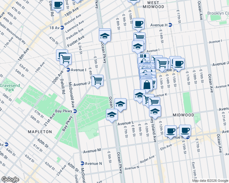 map of restaurants, bars, coffee shops, grocery stores, and more near 1053 Ocean Parkway in Brooklyn