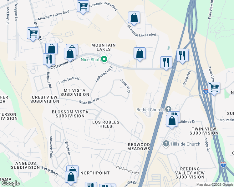 map of restaurants, bars, coffee shops, grocery stores, and more near 1062 Moss Creek Road in Redding