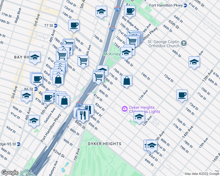 map of restaurants, bars, coffee shops, grocery stores, and more near 953 79th St in Brooklyn