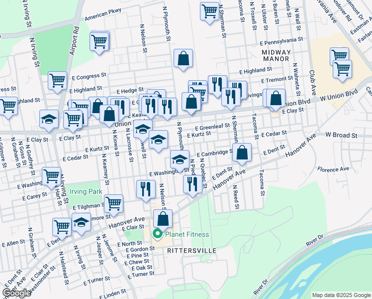 map of restaurants, bars, coffee shops, grocery stores, and more near 841-845 North Plymouth Street in Allentown