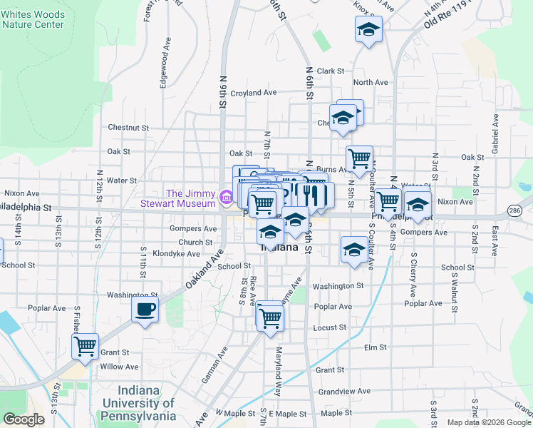 map of restaurants, bars, coffee shops, grocery stores, and more near 1 South 7th Street in Indiana