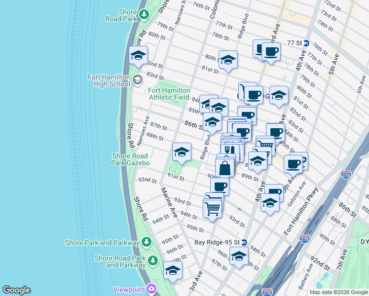 map of restaurants, bars, coffee shops, grocery stores, and more near 137 88th Street in Brooklyn