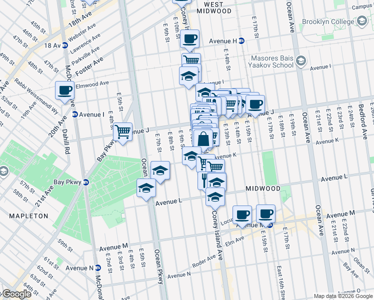 map of restaurants, bars, coffee shops, grocery stores, and more near 1069 East 9th Street in Brooklyn