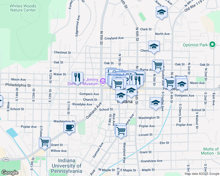 map of restaurants, bars, coffee shops, grocery stores, and more near 800 Philadelphia Street in Indiana