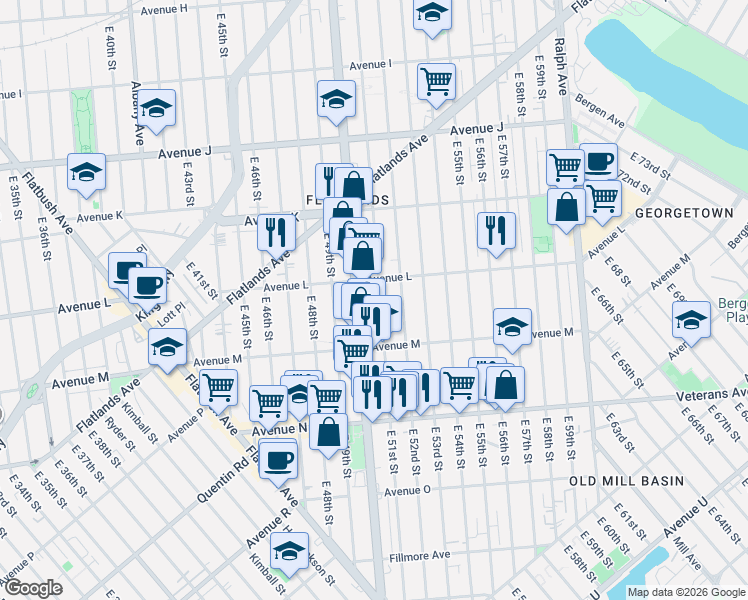 map of restaurants, bars, coffee shops, grocery stores, and more near 1533 East 51st Street in Brooklyn
