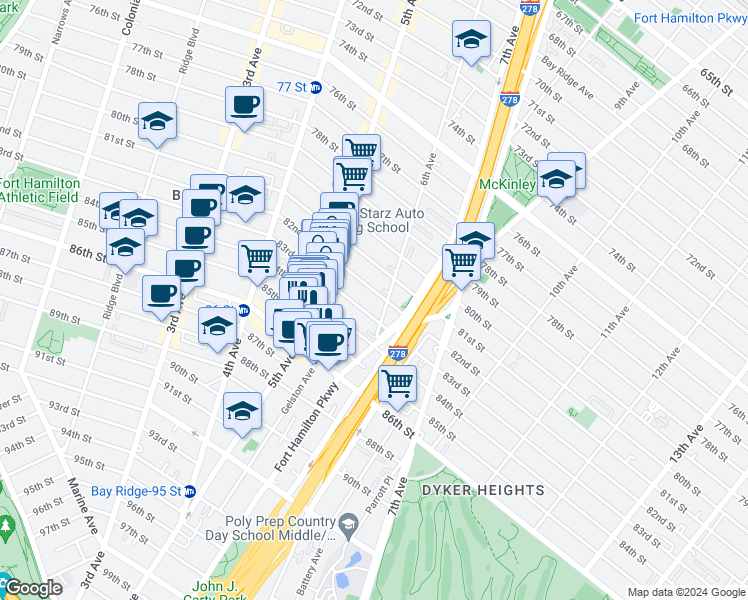 map of restaurants, bars, coffee shops, grocery stores, and more near 576 82nd Street in Brooklyn