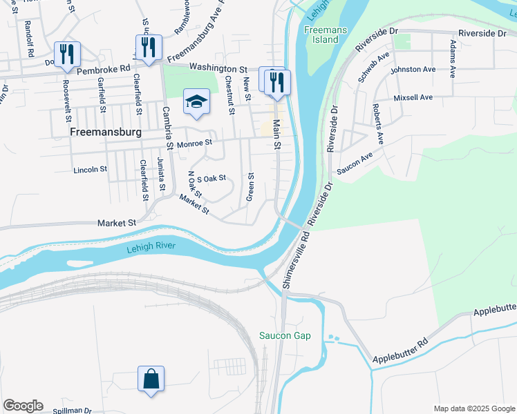 map of restaurants, bars, coffee shops, grocery stores, and more near 44 Market Street in Freemansburg