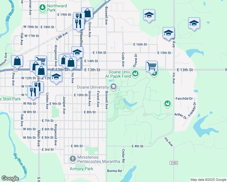 map of restaurants, bars, coffee shops, grocery stores, and more near 1014 Boswell Avenue in Crete