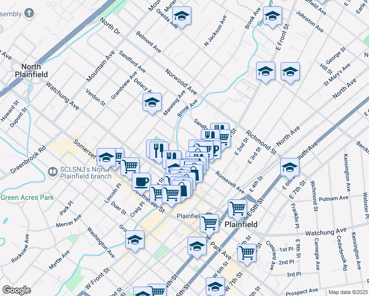 map of restaurants, bars, coffee shops, grocery stores, and more near 52 Roosevelt Avenue in Plainfield