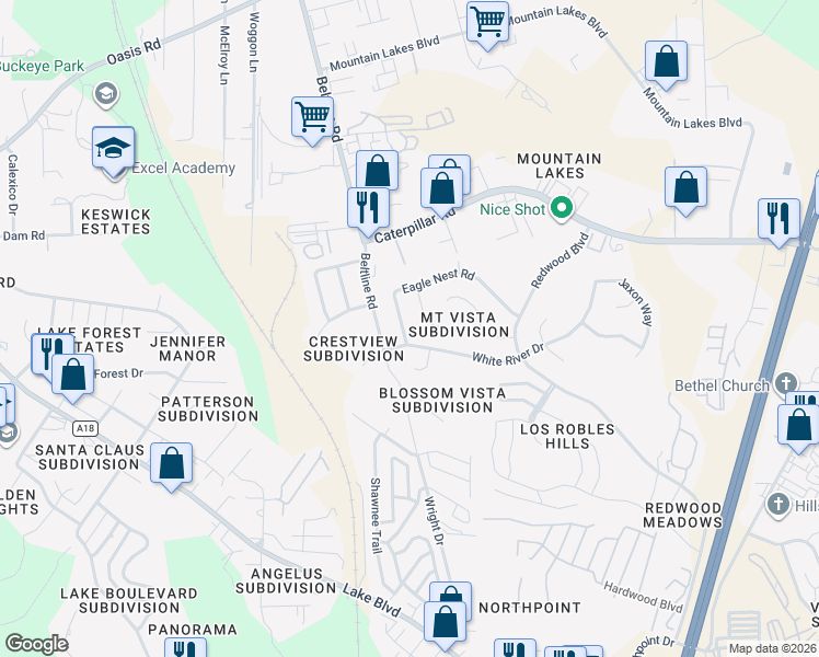 map of restaurants, bars, coffee shops, grocery stores, and more near 1059 Eagle Nest Road in Redding