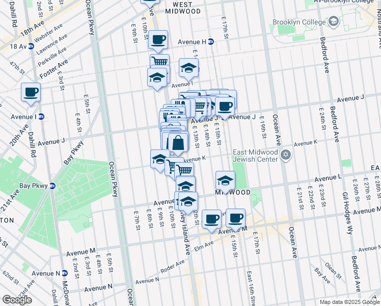 map of restaurants, bars, coffee shops, grocery stores, and more near 1081 East 12th Street in Brooklyn