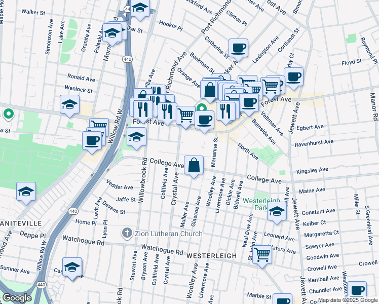 map of restaurants, bars, coffee shops, grocery stores, and more near 54 Galloway Avenue in Staten Island
