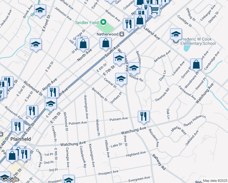 map of restaurants, bars, coffee shops, grocery stores, and more near 730 Russell Place in Plainfield