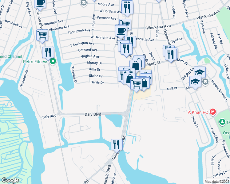 map of restaurants, bars, coffee shops, grocery stores, and more near 3600 Long Beach Road in Oceanside