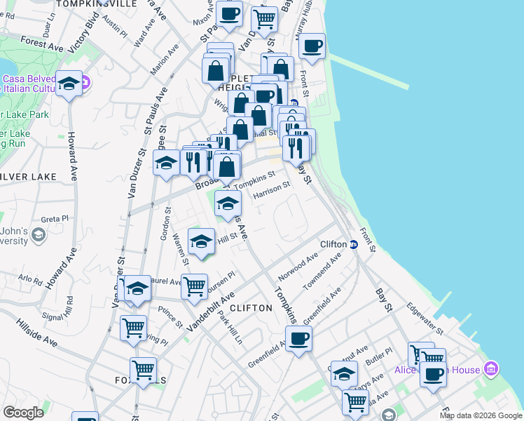 map of restaurants, bars, coffee shops, grocery stores, and more near 101 Tompkins Avenue in Staten Island