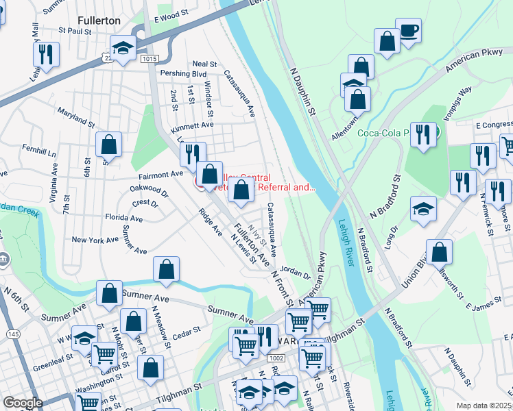 map of restaurants, bars, coffee shops, grocery stores, and more near 19 Lincoln Street in Allentown