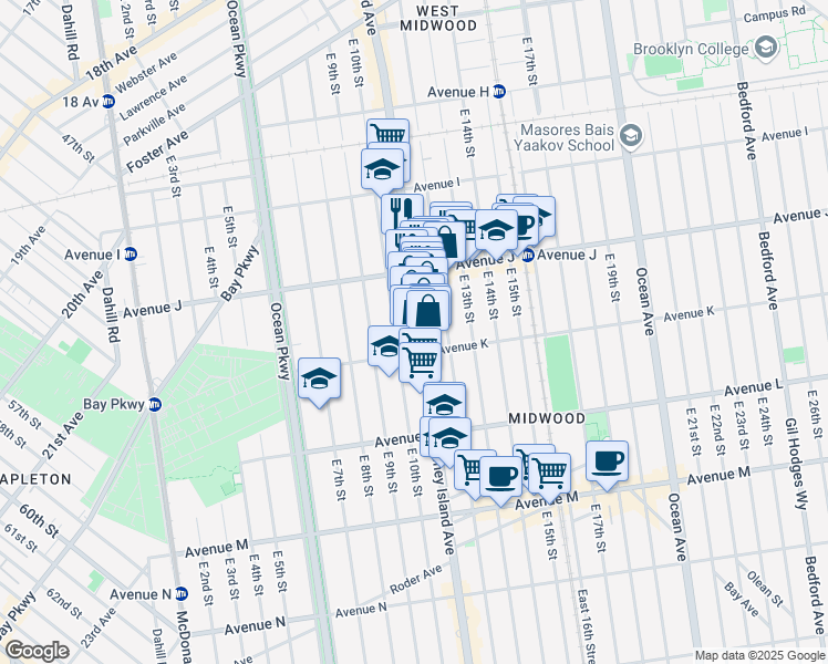 map of restaurants, bars, coffee shops, grocery stores, and more near 1420 Coney Island Avenue in Brooklyn