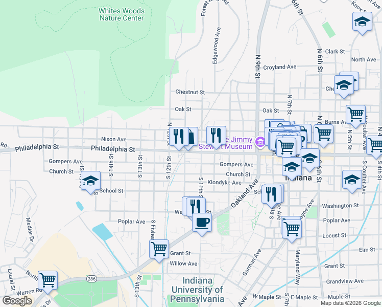 map of restaurants, bars, coffee shops, grocery stores, and more near 1128 Philadelphia Street in Indiana
