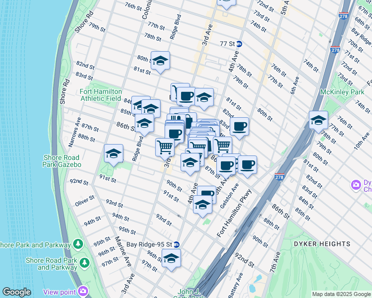 map of restaurants, bars, coffee shops, grocery stores, and more near 334 86th Street in Brooklyn