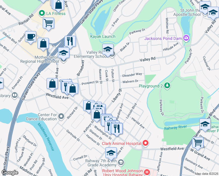 map of restaurants, bars, coffee shops, grocery stores, and more near 70 Cook St in Clark