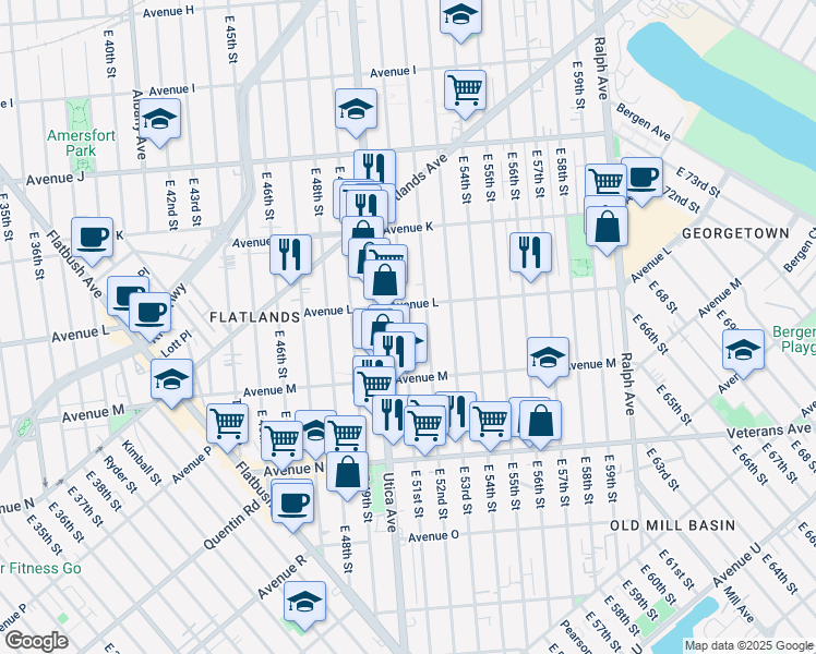 map of restaurants, bars, coffee shops, grocery stores, and more near 1533 East 51st Street in Brooklyn