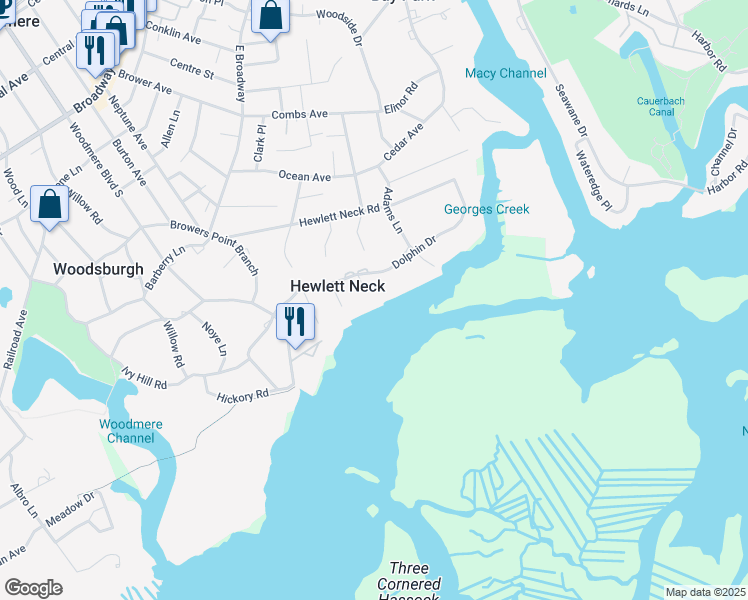map of restaurants, bars, coffee shops, grocery stores, and more near 190 Curtis Road in Woodmere