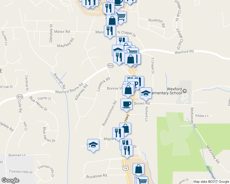 map of restaurants, bars, coffee shops, grocery stores, and more near 170 Bonnie View Drive in Wexford