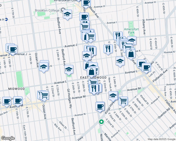 map of restaurants, bars, coffee shops, grocery stores, and more near 1153 East 29th Street in Brooklyn