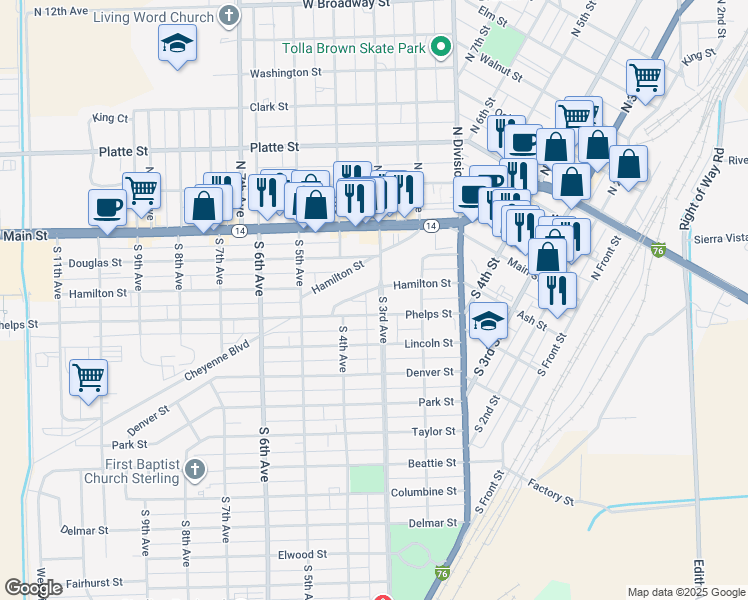 map of restaurants, bars, coffee shops, grocery stores, and more near 312 South 3rd Avenue in Sterling