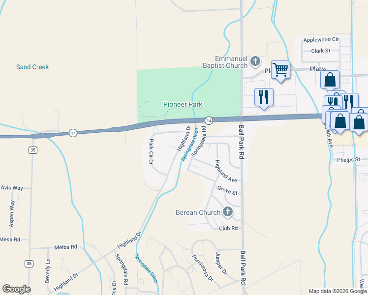 map of restaurants, bars, coffee shops, grocery stores, and more near 107 Highland Drive in Sterling