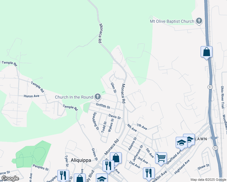 map of restaurants, bars, coffee shops, grocery stores, and more near 104 Glen Street Extension in Aliquippa