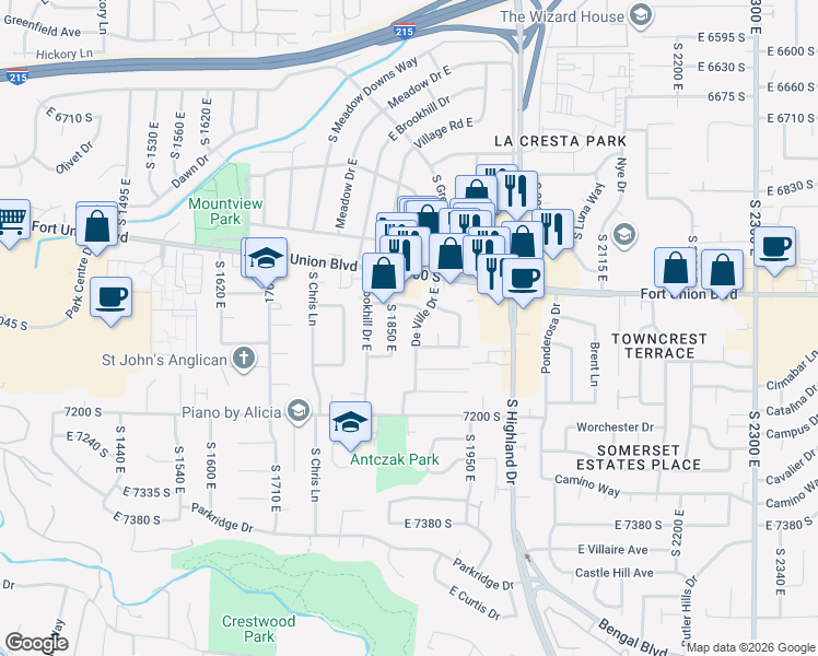 map of restaurants, bars, coffee shops, grocery stores, and more near 7058 De Ville Drive East in Cottonwood Heights