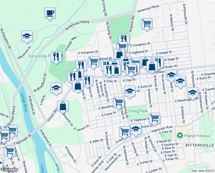 map of restaurants, bars, coffee shops, grocery stores, and more near 881 North Godfrey Street in Allentown