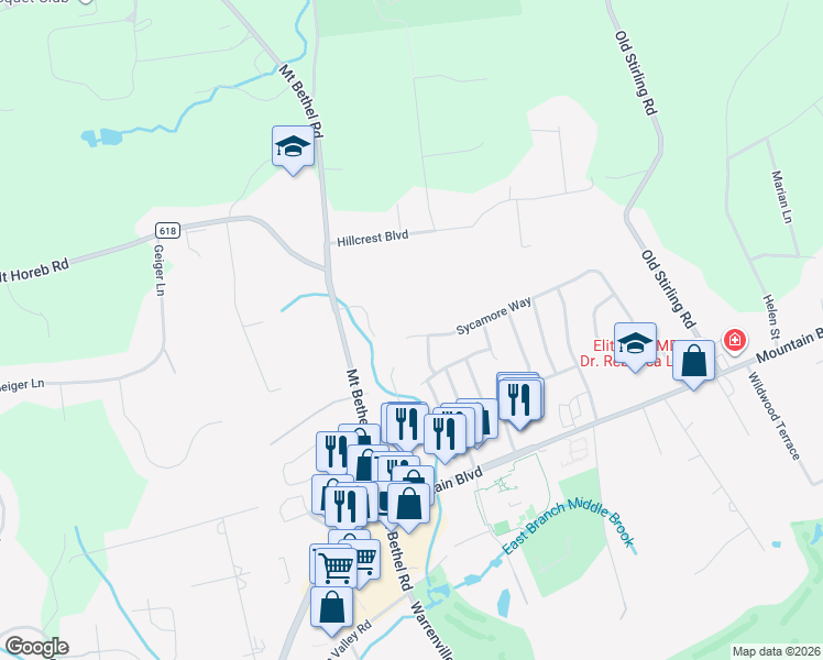 map of restaurants, bars, coffee shops, grocery stores, and more near 5 Sycamore Way in Warren