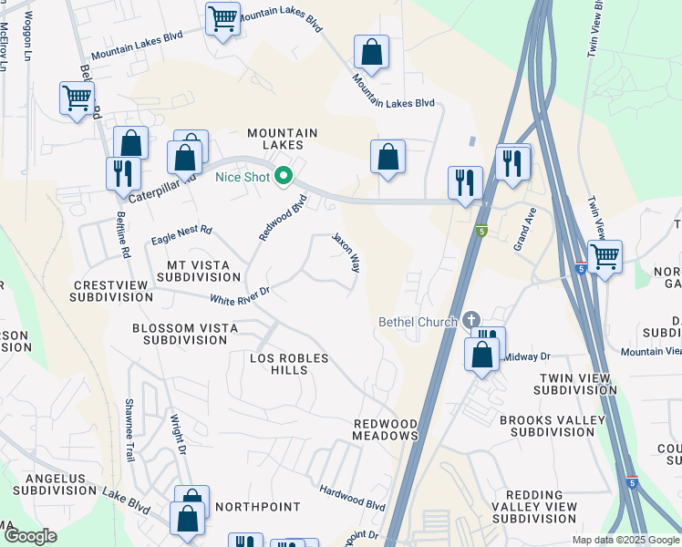map of restaurants, bars, coffee shops, grocery stores, and more near 1026 Moss Creek Road in Redding