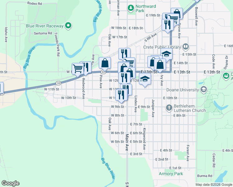 map of restaurants, bars, coffee shops, grocery stores, and more near 1025 Norman Avenue in Crete