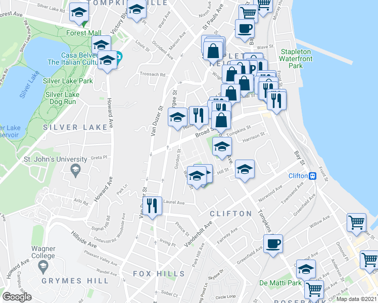 map of restaurants, bars, coffee shops, grocery stores, and more near 195 Gordon Street in Staten Island