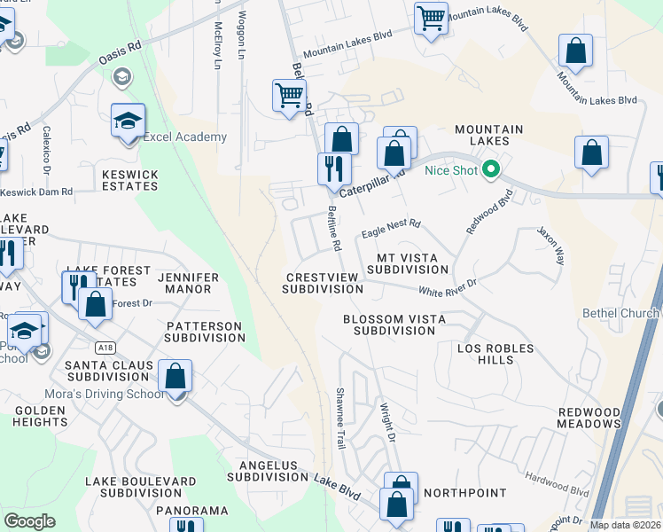 map of restaurants, bars, coffee shops, grocery stores, and more near 1156 Beltline Road in Redding